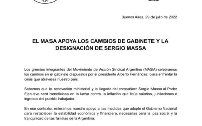 El M.A.S.A. apoya los cambios de gabinete y la designación de Sergio Massa.
